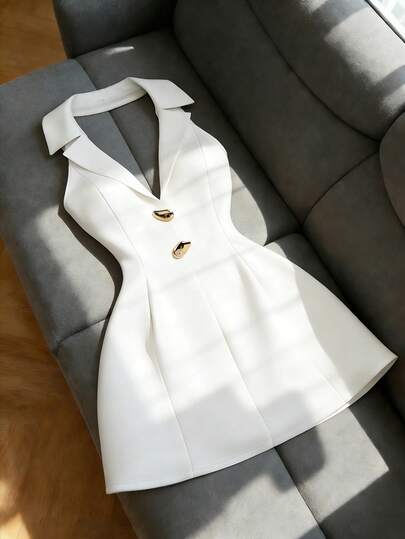 Franclia Este vestido de traje de mujer con cuello halter presenta un elegante adorno metálico y una cintura ajustada y estilizadora. Hecho de una tela crujiente y resistente a las arrugas, ofrece un aspecto sofisticado. El diseño de cuello halter revela sutilmente el cuello y los hombros, mientras que el pequeño escote en V agrega un toque de sensualidad discreta. Los broches metálicos adornan el frente, y la cintura ajustada y la falda corta alargan las piernas, ocultando cualquier curva no deseada y optimizando las proporciones. Perfecto para un look pulido con tacones, o un atuendo sofisticado y llamativo para una cita con un delicado collar de cadena. Es un vestido "chica desaliñada" versátil adecuado para varias ocasiones.