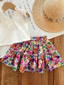 SHEIN LMoss Kids 女婴两件套：纯色针织吊带背心 + 印花雪纺迷你裙 - 彩色 - 查看 4