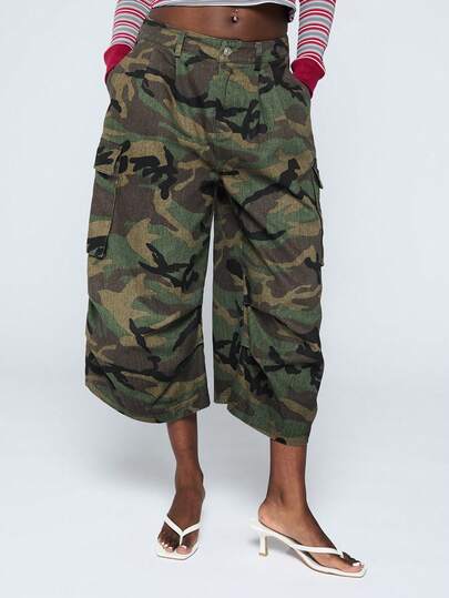 COUREZ Pantalones camuflados recortados y oversize de tiro bajo / Conjuntos de verano Y2K para mujer, Conjuntos de primavera para mujer, Ropa de verano, Atuendos para salir, Prendas inferiores de verano, Pantalones holgados, Pantalones para mujer