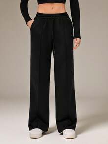 SHEIN Tall Black Drawstring Waist Oblique Pocket Casual Women Sports Pants - Black - View 3