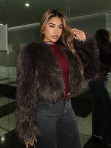 Maria Perezxox Áo khoác lông giả ngắn gợi cảm thời trang dành cho nữ, hàng mới về mùa Thu/Đông. - màu nâu - Xem 2