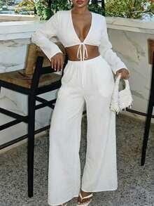 Slaydiva New Early Spring, Spring And Summer Music Festival, Valentine's Day, Easter, Bohemian Style, Nomadic Style, Casual, Simple And Basic, Cruise Party, Birthday Party, Daily Date, Casual Vacation, Elegant Commuting, V-Neck, Shoulder Sleeve, Long Sleeve, Hem, Tie, Ultra-Short Top + Wide-Leg Pants, Pocket Pants, Elastic Waist, White Suit, Women's Two Pieces Set -A White Two Piece Set Women Pants Sets Two Piece Vacation Outfits Women 2 Piece Set - White - View 8