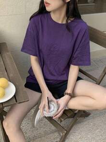 DAZY 女士纯色圆领宽松长袖短袖T恤衫（夏季款） - 紫色 - 查看 9