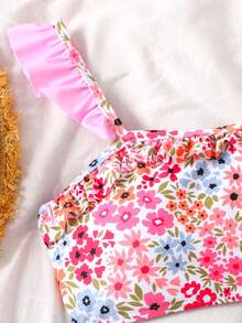 SHEIN 少女碎花荷叶边比基尼套装，沙滩/度假风 - 粉色 - 查看 6