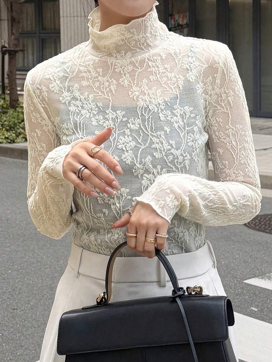 FRIFUL Women's Casual Stand Collar Long Sleeve Mesh Fitted Top - Apricot - View 1