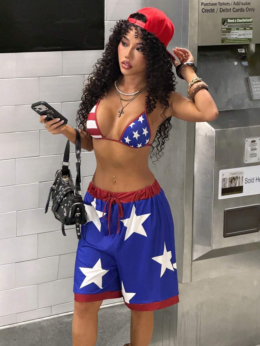 SHEIN HypeZone 2pcs Women Street Casual Star Print Shorts Set - Multicolor - View 1