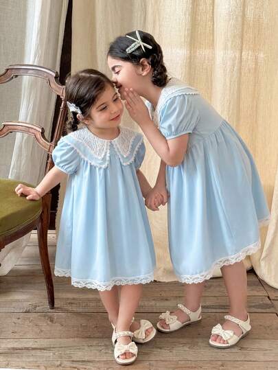 Elladie kids 2026 Spring/Summer New Fashion Soft Fabric Squishy Summer Travel Essential Vacation Young Girl' Yellow Lace Trim Puff Sleeve Dress, Sweet & Cute Style, Elegant & Fresh Young Girl' Blue Lace Trim Puff Sleeve Dress, Sweet & Cute Style, Elegant & Fresh 2026 Spring/Summer New Fashion Soft Fabric Versatile Summer