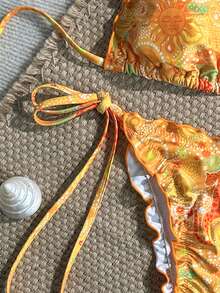 Swim Mod 2-Piece Floral Print Halter Neck Ruffle Trim Bikini Set, Swimwear For Womans Red Orange Summer Boho Beach Holiday Holiday Brazilian Bikini Set - Multicolor - View 5