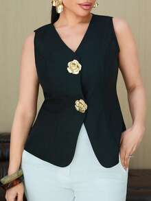 Milla Jasmine Women's V-Neck Fitted Gold Rose Button Decor Outerwear Top - Black - View 4