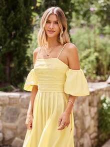 KARISMINA Robe tissée de couleur unie pour femmes, convient pour les vacances de printemps/été - Jaune d'oie - Voir 3