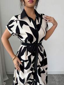 Elenzga 女士新款优雅修身复古印花腰带蝴蝶结短袖休闲度假连衣裙，杏色 - 杏色 - 查看 4