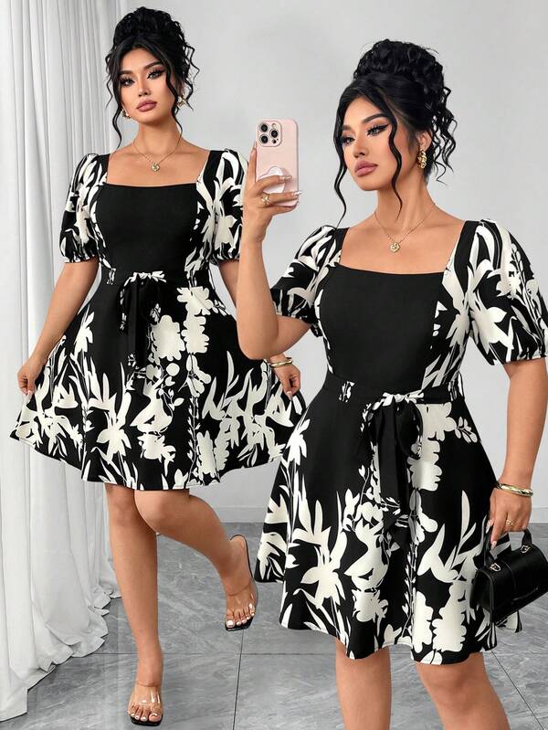 Elenzga Vestido feminino plus size casual com cintura marcada e mangas bufantes estampadas.