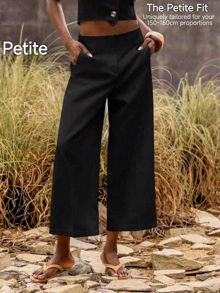 SHEIN PETITE 小码女士黑色西装裤，斜插口袋，后腰V型设计，夏季办公通勤装 - 黑色 - 查看 1