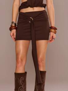 MUSERA 环形细节垂褶迷你裙，仅限夏季假期海滩伊比沙岛可爱节日优雅樱桃月 - 棕色 - 查看 2