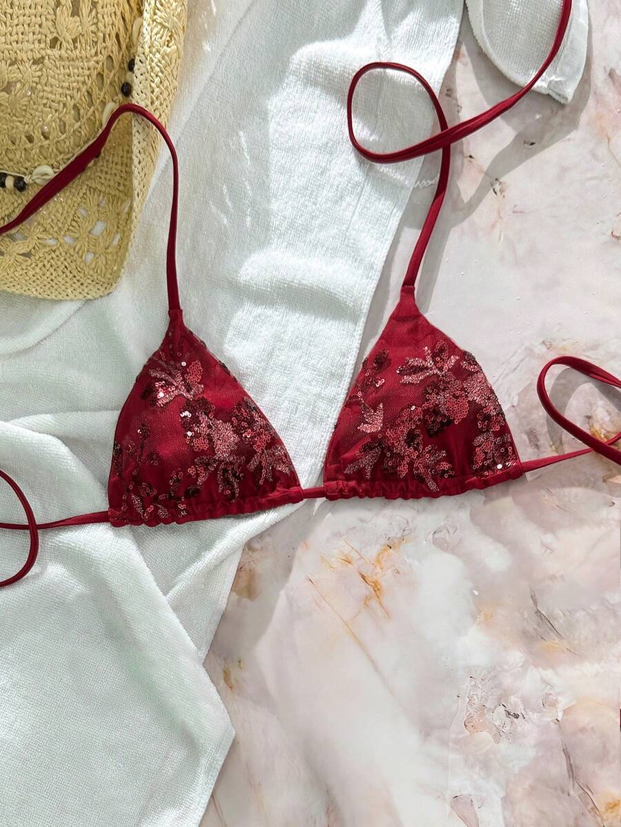 Swim Vcay Áo bikini kiểu dáng Bonvoyette màu trơn, chất liệu sequin, cổ yếm, cúp ngực tam giác, gợi cảm, thích hợp cho kỳ nghỉ hè/mùa hè ở bãi biển. - Nhiều màu - Xem 1