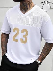 Manfinity Homme Men's White V-Neck Mesh Short Sleeve Sports T-Shirt,Summer Streetwear City Break White And Gold Basketball Jersey Football Tshirt With Numeric Print - White - View 4