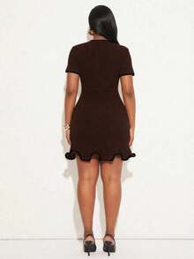SHEIN SXY Plus Size Solid Color Minimalist Daily Wear Round Neck Short Sleeve Dress - Brown - View 2