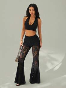 SHEIN PETITE Women's Lace Patchwork Casual Versatile Daily Wear Flare Pants - Black - View 4