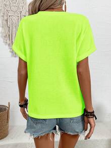 EMERY ROSE 2025 New Plus Size Women's Fashion Casual V-Neck Button Shoulder Sleeve Sea Salt Blue-Green Short Sleeve T-Shirt - Green - View 2