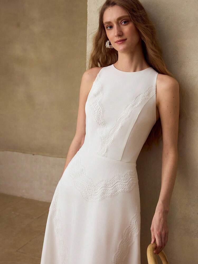 CONTRAST LACE WHITE MID-LENGTH DRESS FOR WOMEN
