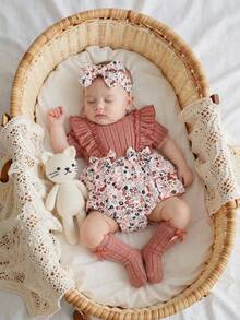Baby Girls' Summer Knitted Ribbed Patchwork Ditsy Floral Romper With Ruffled Skirt, Comes With Decorative Headband And Foot Covers, Short Sleeve - Dusty Pink - View 1