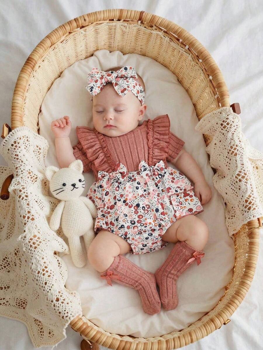 Baby Girls' Summer Knitted Ribbed Patchwork Ditsy Floral Romper With Ruffled Skirt, Comes With Decorative Headband And Foot Covers, Short Sleeve - Dusty Pink - View 1
