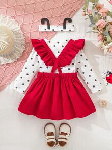 SHEIN Playful Pals Bộ đồ 2 món dễ thương cho bé gái, gồm áo liền quần và váy in hình côn trùng cùng băng đô, thích hợp cho mùa xuân/thu. - Đỏ - Xem 2