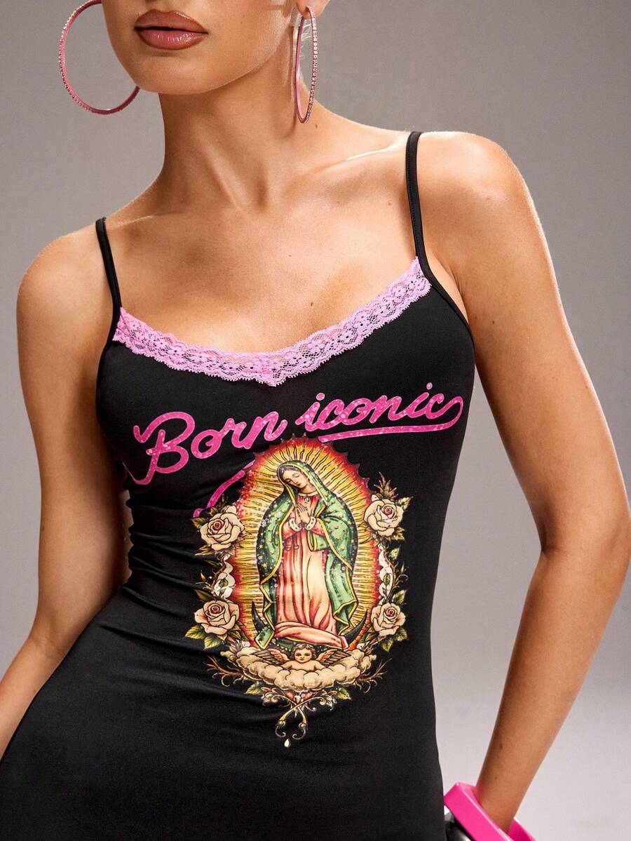 Y2Kool Maria Clara Maia 女士字母和圣像印花撞色蕾丝吊带迷你连衣裙 - 黑色 - 查看 1