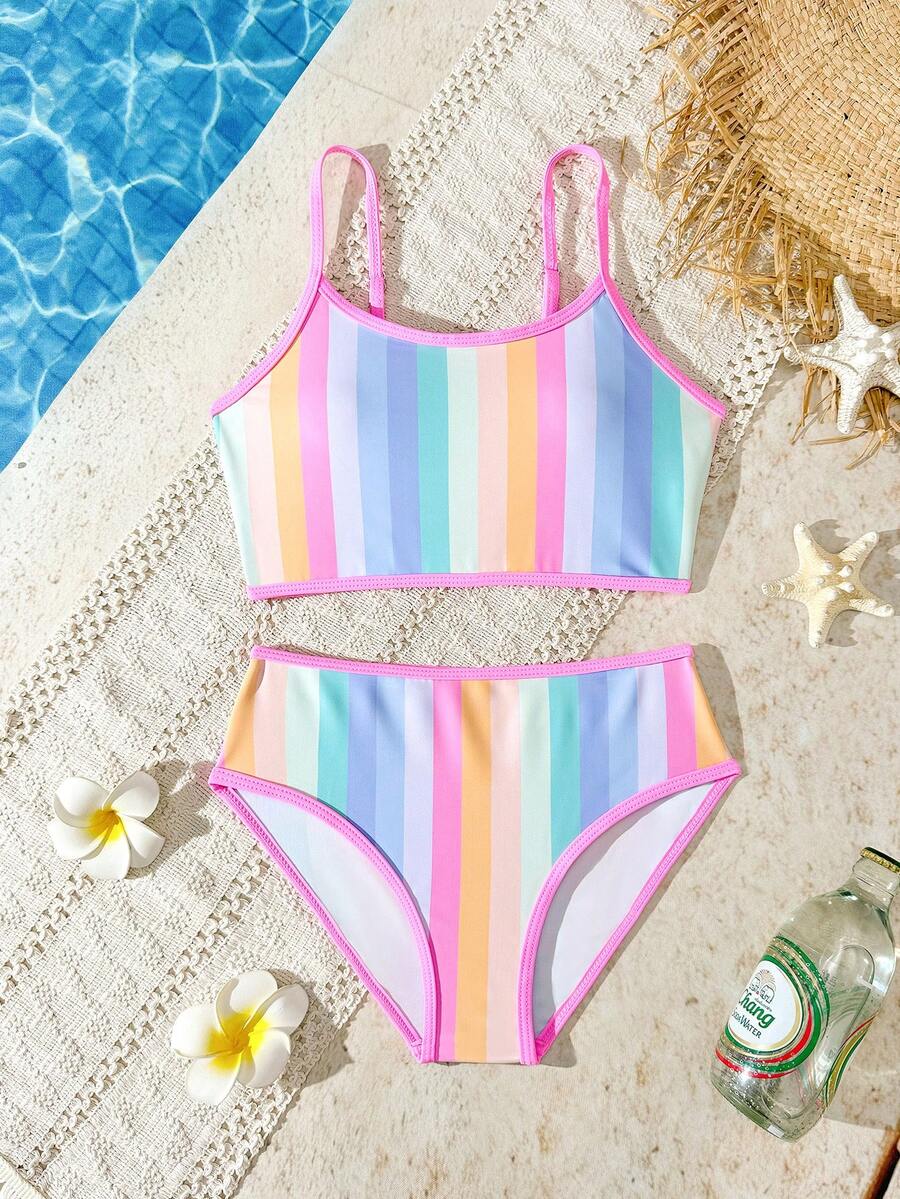 SHEIN Tween Girls Rainbow Pink Stripe Bikini Bathing Suit,Cute Summer Beach Holiday Camisole Top Swimwear,Backless Hollow Design Full Coverage For Teens - Multicolor - View 1
