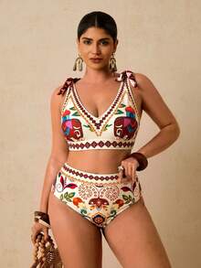 Travachic Ropa de playa informal de estilo tropical para tallas grandes, traje de baño bohemio de 2 piezas con estampado, escote halter para mujeres, bikini de verano - Multicolor - Ver 5