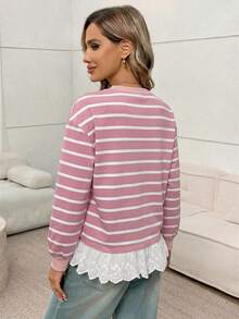 Easowa 秋冬季条纹印花花边下摆落肩卫衣 - 粉色 - 查看 2
