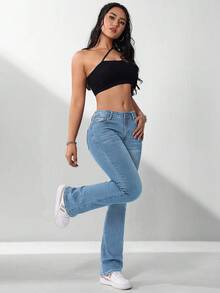 SHEIN PETITE Women's Casual Washed Low-Waist Flare Jeans ,Petite Women - Light Wash - View 3