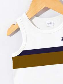 SHEIN Playful Pals 2pcs/Set Baby Boy Casual Outfit, Striped & Letter Print Vest Top Paired With Navy Shorts, Suitable For Summer Outings - Multicolor - View 5
