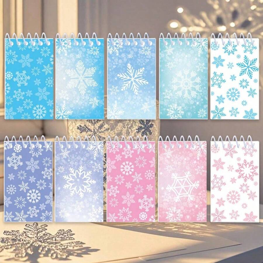 10本雪花图案螺旋笔记本,学生笔记本,文字笔记本,螺旋笔记本,布艺笔记本,便签本,学习用品,学生奖品,派对便签本,返校用品,圣诞节便签本 - 彩色 - 查看 1