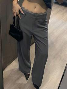 Dazy Tall 女士加长款都市休闲通勤纯色斜插口袋直筒西装裤 - 灰色 - 查看 1