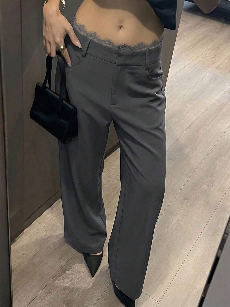 Dazy Tall 女士加长款都市休闲通勤纯色斜插口袋直筒西装裤 - 灰色 - 查看 1