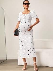 MaterniWear Đầm bầu mùa hè kiểu dáng thường ngày in chấm bi, thắt nơ phía trước. - trắng - Xem 6