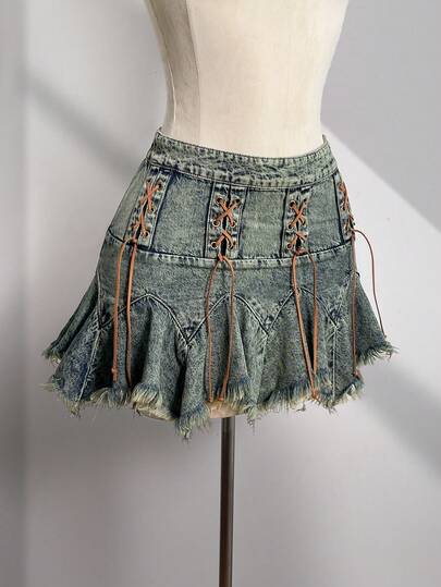 Elamini 女士夏季休闲水洗复古交叉系带毛边牛仔迷你裙