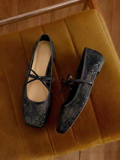 女款黑色平底芭蕾平底鞋，蝴蝶结设计，花朵刺绣装饰，透气网眼，方头，亮片，适合宽脚/加大脚型，夏季