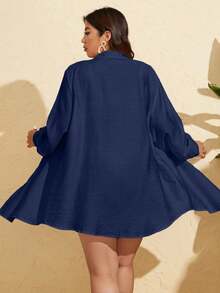 SHEIN X Sofía Suescun Swim Vcay Plus Size Women's Single Silk Stripe Long Sleeve Button Down Cardigan, Vacation Beach Plus Size Shirt - Navy Blue - View 2
