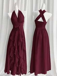 Rafferiza Women's Solid Color Halter Deep V-Neck Ruffle Hem Elegant Waist Cinched Long Dress, Suitable For Dates And Parties - Burgundy - View 6