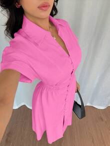 Rafferiza 女士休闲衬衫裙，纽扣前襟，插肩袖，腰部收紧设计 - 玫紅色 - 查看 6