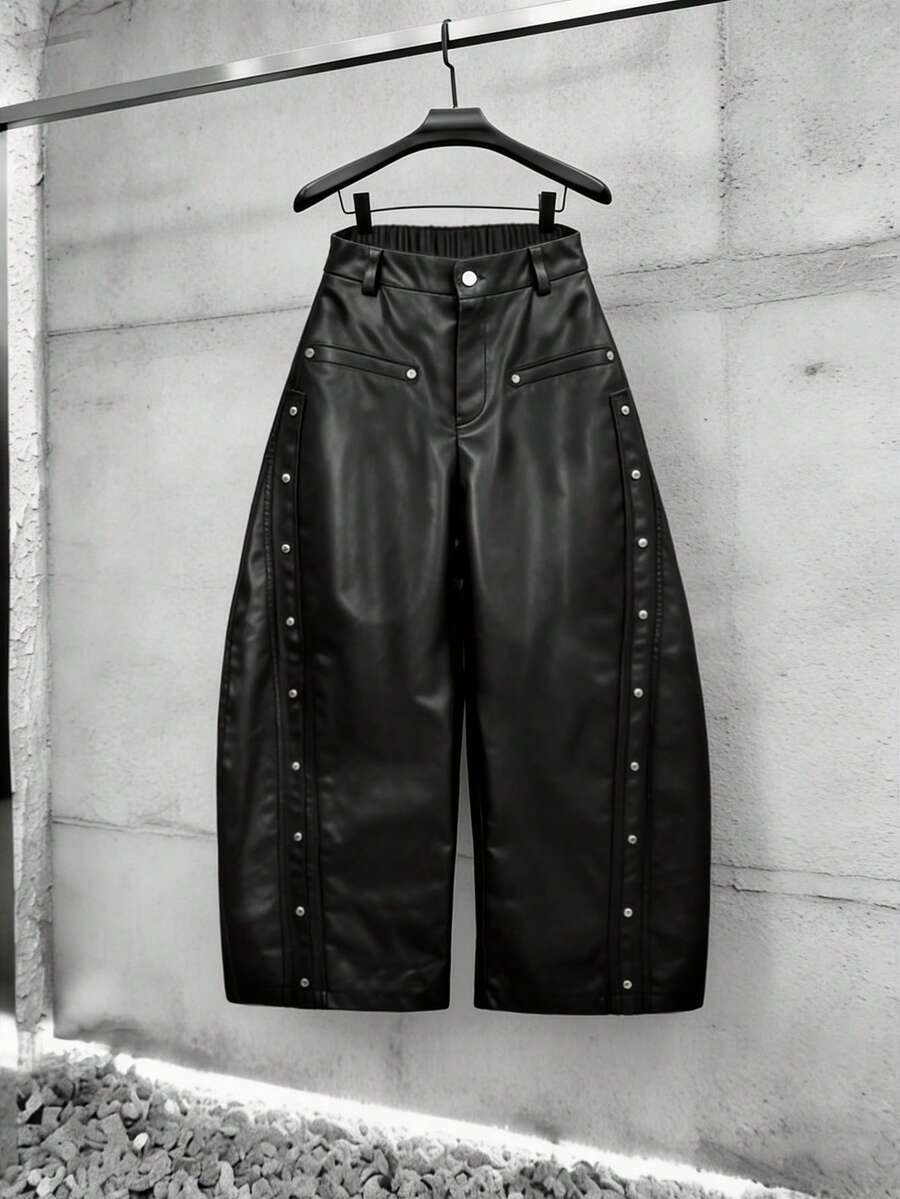 Manfinity Roghcode Quần da PU đen nam, dáng rộng, thương hiệu nổi tiếng, trang trí đinh tán, thời trang đa năng. - màu đen - Xem 1