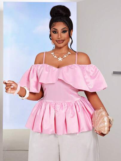 Maweii Plus Size Women Pink Ruffle Off Shoulder Cinched Waist Short Blouse