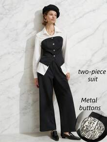 INAWLY Women's Color Block Collared Single-Breasted Long Sleeve Top And Wide Leg Pants 2 Pieces Casual Elegant Outfit For Daily Commute Work White Black - Black and White - View 1