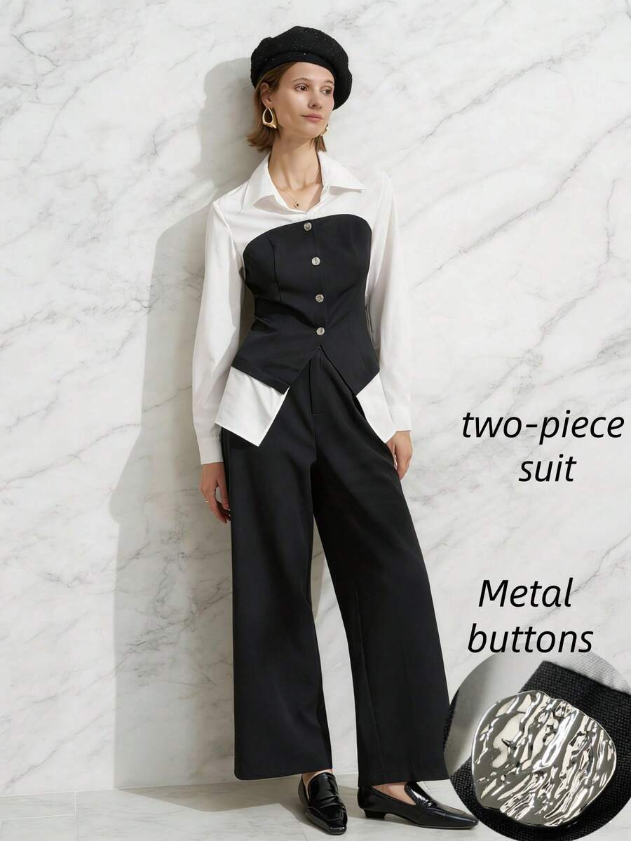 INAWLY Women's Color Block Collared Single-Breasted Long Sleeve Top And Wide Leg Pants 2 Pieces Casual Elegant Outfit For Daily Commute Work White Black - Black and White - View 1