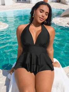 Swim Vcay Conjunto de bikini de top con cuello en V y volantes y Bottom triangular de cintura alta para mujeres de talla grande, adecuado para la playa y las vacaciones en primavera/verano 2026 - Negro - Ver 5
