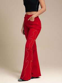 WESTFADE 高腰乡村西部铆钉喇叭裤腿纳什维尔女牛仔牛仔裤 - 紅色 - 查看 2