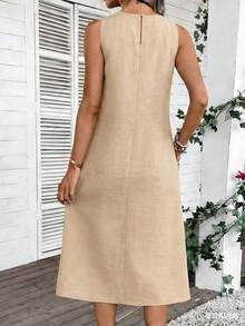 EMERY ROSE Women's Elegant Casual Pocket Midi Dress, Summer Carnival - Khaki - View 2