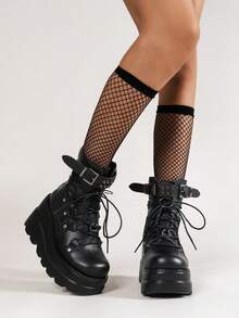 Whyspr Giày bốt đế xuồng đính đinh tán màu đen trơn dành cho nữ Thu/Đông 2025, Giày bốt khóa cài phía trước kiểu Punk, Áo nịt ngực thời trang, Quần short thời trang - màu đen - Xem 7